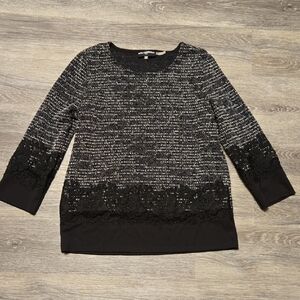 Karl Lagerfeld Paris Black And White Marled Lace Trim Top XS